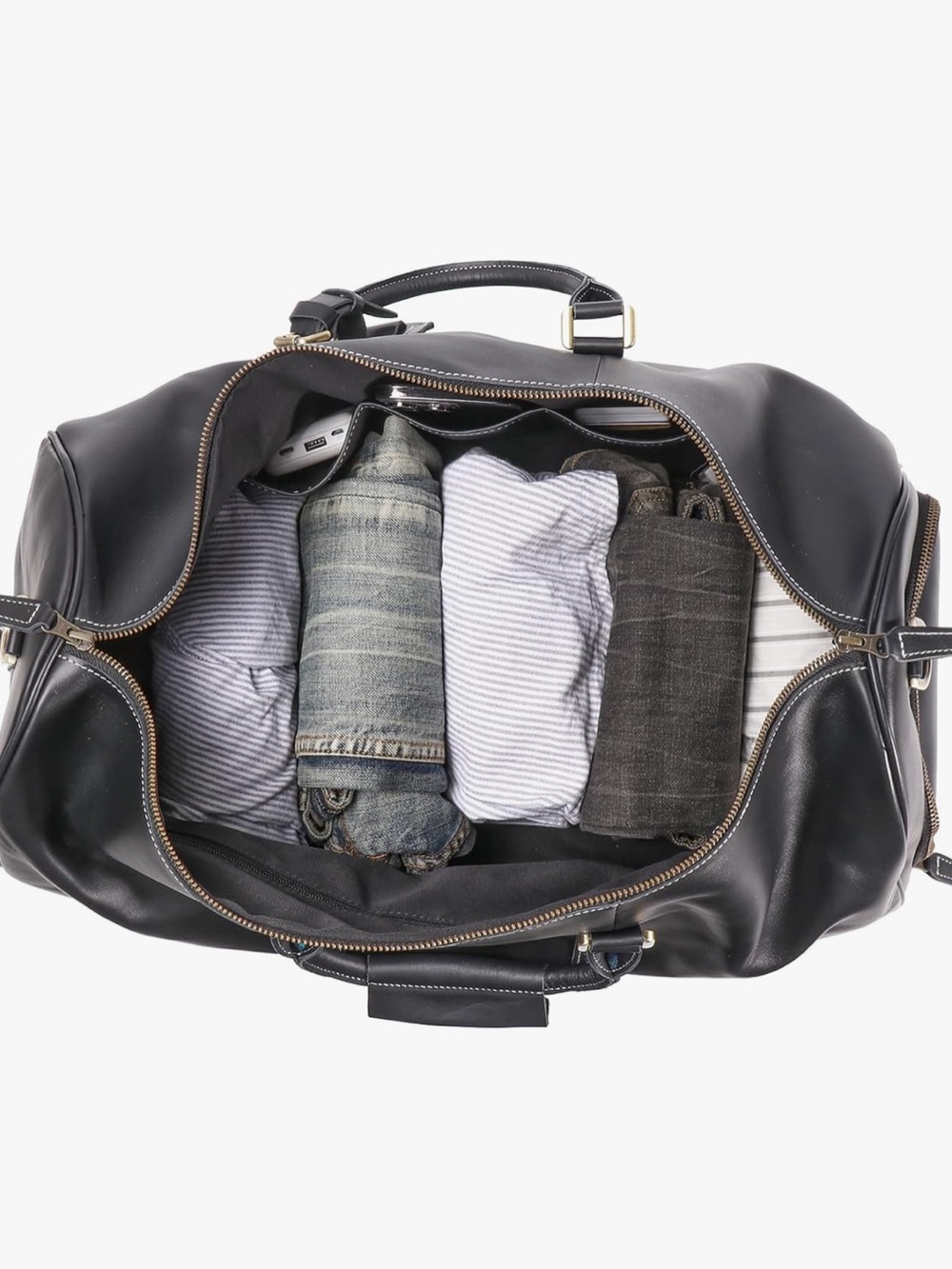 Mens Black Genuine Leather Overnight Duffel Bag Weekender Travel Carry-On 22” - Picture 3 of 13